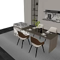 Modern Dining Table Set with Brown Chairs Light Seats on Light Rug in Open Kitchen 3d model