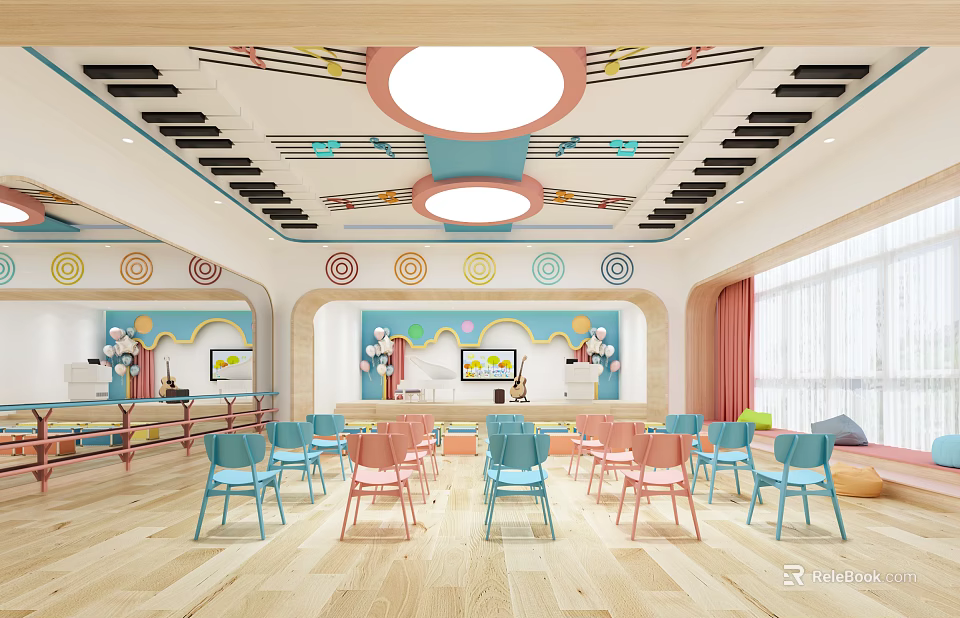 Colorful Kindergarten Classroom Interior With Circular Ceiling Lights And Colorful Chairs Wooden Floor 3d model 