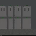 White Fire Equipment Cabinets With Green Indicator Lights Arranged On Wall 3d model