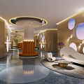 Luxury Hotel Corridor With Circular Windows Modern Lighting And Sofa Seating 3d model