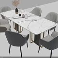 Modern Dining Table Set With White Marble Top And Grey Upholstered Chairs 3d model