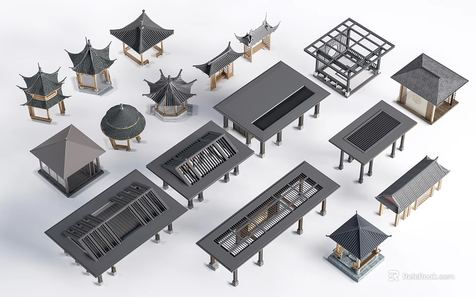 Chinese Traditional Architecture Models with Different Roof Styles Pavilions Corridors Wooden Frames and Dark Colors 3d model 