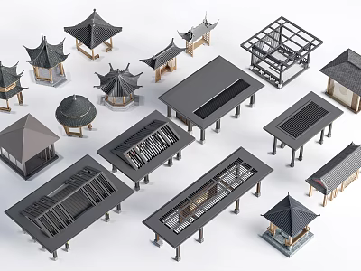 Chinese Traditional Architecture Models with Different Roof Styles Pavilions Corridors Wooden Frames and Dark Colors 3d model