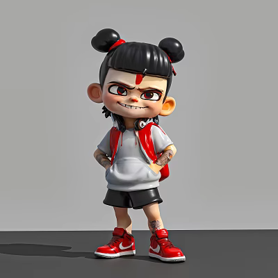 Cartoon Style Game Movie Character With Double Buns Red Black Outfit Red Shoes 3d model