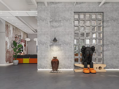 Industrial Style Club Interior With Brick Wall Greenery Glass Partition Gray Floor And Bear Sculpture 3d model