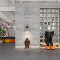 Industrial Style Club Interior With Brick Wall Greenery Glass Partition Gray Floor And Bear Sculpture