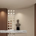 Modern Entryway Hallway With Wooden Panel Circular Hole Partition Marble Countertop And Sculpture Decor