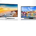 SUHD and Curved UHD Televisions Displaying Sunset Coastal Scenery and Colorful City Buildings