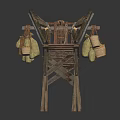 Ancient Wooden Mechanical Structure With Large Wheels Track Frame And Support Legs 3d model