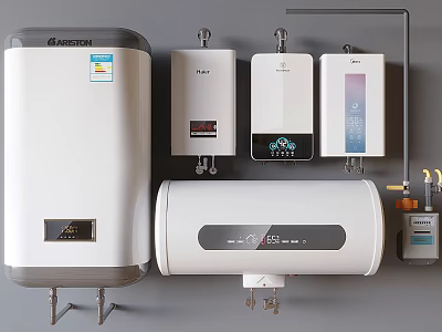 Different Types Of Modern Water Heaters As Essential Kitchen Appliances With Various Designs 3d model