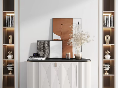 White Paneled Console Table With Abstract Art Vase And Side Cabinets With Display Shelves 3d model