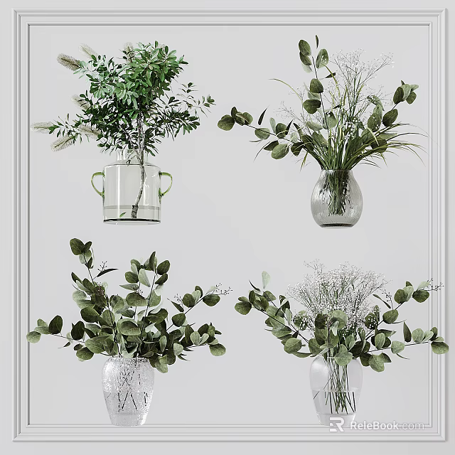 Decorative Glass Vases With Green Eucalyptus Leaves And White Flowers For Home Decor 3d model 