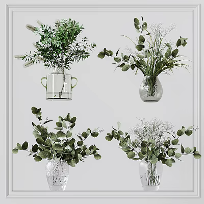 Decorative Glass Vases With Green Eucalyptus Leaves And White Flowers For Home Decor 3d model