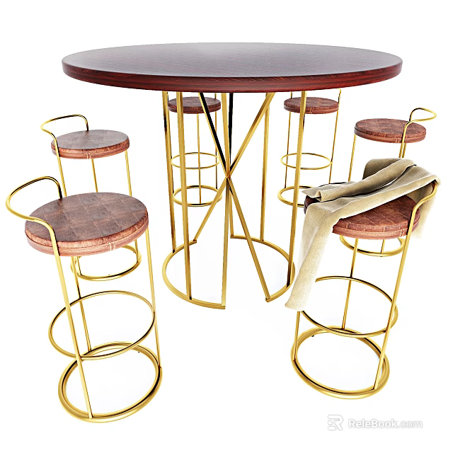Round Wooden Dining Table With Gold Metal Legs And High Stools With Coat Draped 3d model 