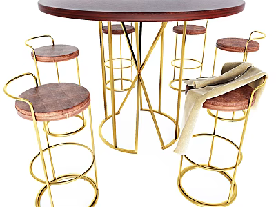 Round Wooden Dining Table With Gold Metal Legs And High Stools With Coat Draped 3d model