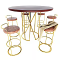 Round Wooden Dining Table With Gold Metal Legs And High Stools With Coat Draped