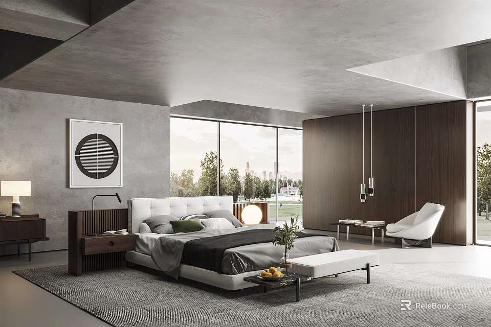 Modern Bedroom Interior With Gray Walls Large Windows Wooden Panels White Bed And Decorative Art 3d model 