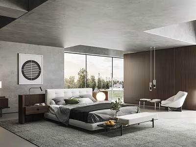 Modern Bedroom Interior With Gray Walls Large Windows Wooden Panels White Bed And Decorative Art 3d model