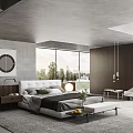 Modern Bedroom Interior With Gray Walls Large Windows Wooden Panels White Bed And Decorative Art
