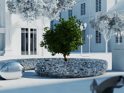 Modern Outdoor Chair Design With Circular Metal Frame And Green Tree Near White Building 3d model