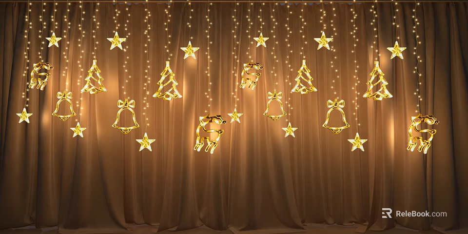 Festive Decorative Lights with Golden Stars Christmas Trees Bells Deer Shapes on Brown Curtain Background 3d model 
