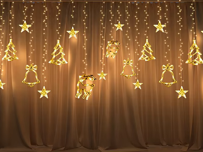 Festive Decorative Lights with Golden Stars Christmas Trees Bells Deer Shapes on Brown Curtain Background 3d model