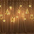 Festive Decorative Lights with Golden Stars Christmas Trees Bells Deer Shapes on Brown Curtain Background