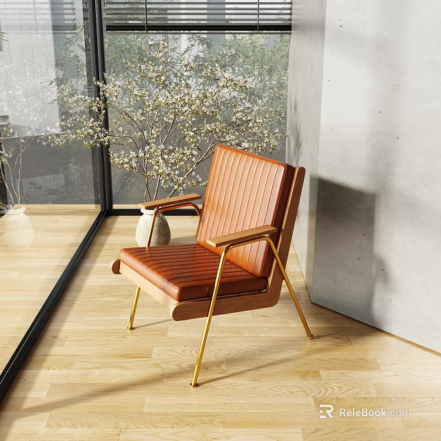 Brown Leather Accent Chair With Wooden Armrests Gold Metal Legs And Indoor Plant Near Window 3d model 