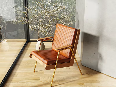 Brown Leather Accent Chair With Wooden Armrests Gold Metal Legs And Indoor Plant Near Window 3d model