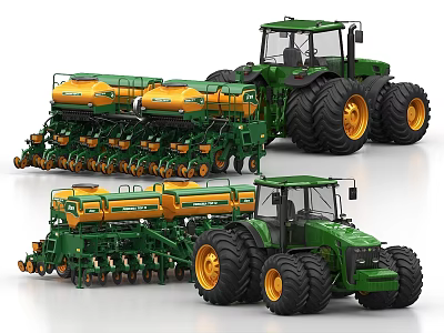 Green Agricultural Tractors With Large Yellow Tires And Multiple Seeder Units 3d model