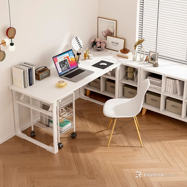 White Modern Desk Setup With Laptop Books Lamp And Storage Cabinets 3d model