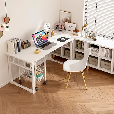 White Modern Desk Setup With Laptop Books Lamp And Storage Cabinets 3d model