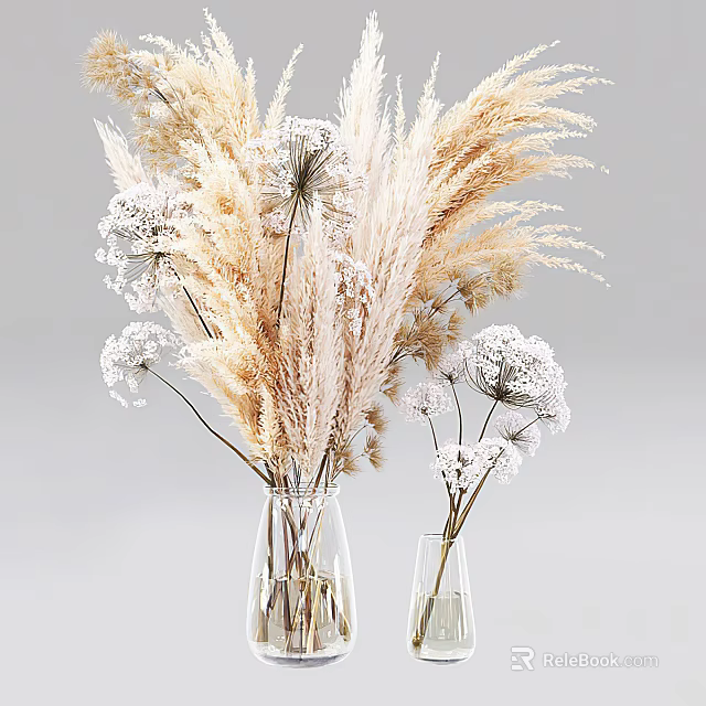 Elegant Floral Display With Transparent Vases Dried Pampas Grass And White Blossoms 3d model 