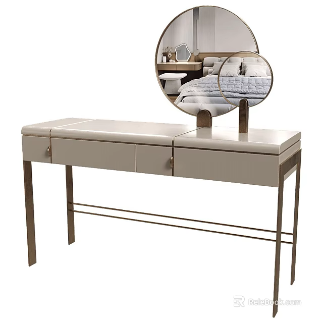 Modern Dressing Table With Sleek Design Round Mirror Metal Frame And Drawer Storage 3d model
