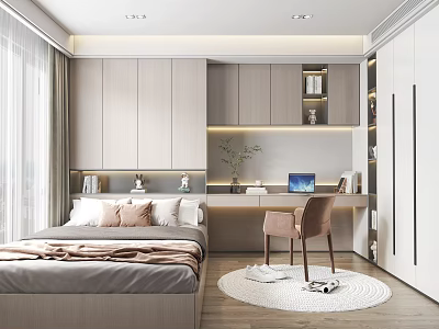 Modern Tatami Bedroom Interior Design With Tatami Bed Desk Chair Bookshelves And Cabinets 3d model