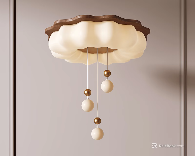 Elegant Ceiling Light With Petal Shaped White Shade Brown Frame And Hanging Decorative Balls 3d model 