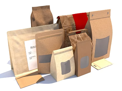 Various Style Paper Bags in Brown Beige Red with Window Handle for Household Use 3d model