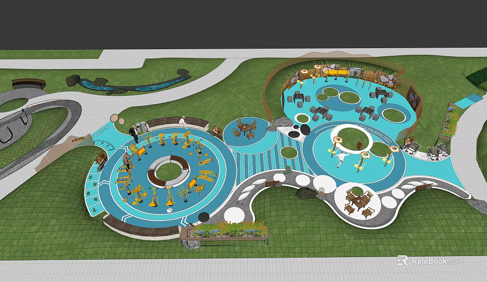 Colorful Children's Playground Design With Circular Areas Play Equipment And Green Lawn Paths 3d model 