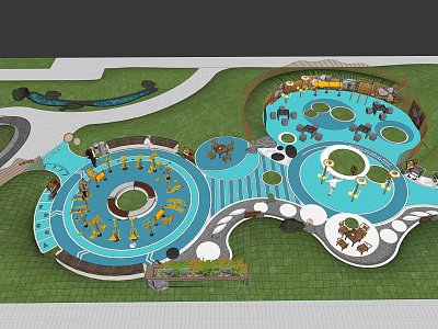 Colorful Children's Playground Design With Circular Areas Play Equipment And Green Lawn Paths 3d model