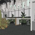Modern Restaurant Interior With Hanging Decor Large Windows And Green Plants