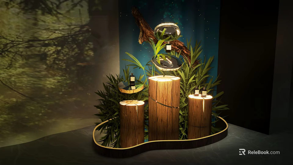 Natural Modern Display Shelf with Wooden Stump Design Green Plants and Small Lighting Effects 3d model 
