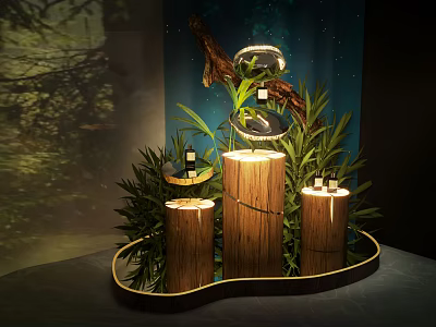 Natural Modern Display Shelf with Wooden Stump Design Green Plants and Small Lighting Effects 3d model