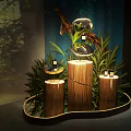 Natural Modern Display Shelf with Wooden Stump Design Green Plants and Small Lighting Effects
