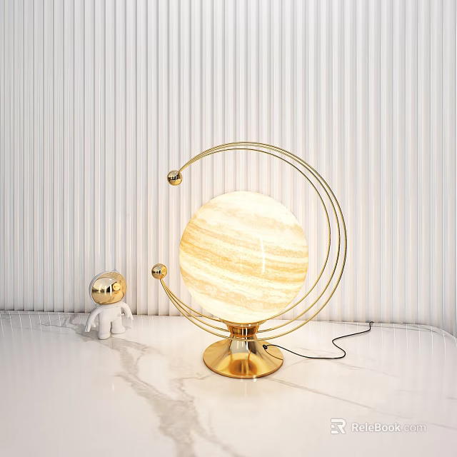Golden Ring Table Lamp With Planet Textured Globe And White Astronaut Figurine On Marble Countertop 3d model 