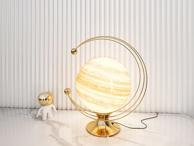 Golden Ring Table Lamp With Planet Textured Globe And White Astronaut Figurine On Marble Countertop 3d model