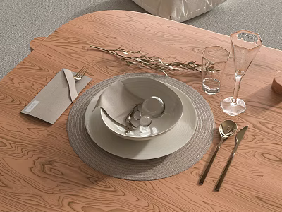 Elegant Dinnerware Set With Wooden Tabletop Napkin Cutlery Glassware And Dried Flowers 3d model