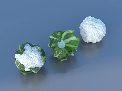 Three Fresh Cauliflowers With Green Leaves And One Pure White Head 3d model