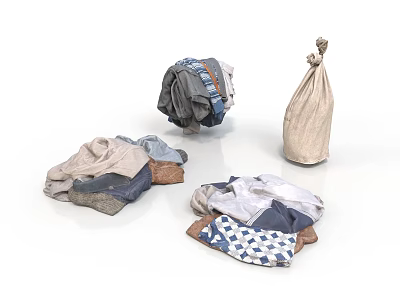 Household Laundry Items Featuring Folded And Rolled Clothes With Burlap Bag 3d model