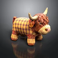 Soft Plush Toy Cow With Brown And Yellow Plaid Fabric And Fringed Legs