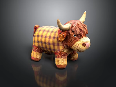 Soft Plush Toy Cow With Brown And Yellow Plaid Fabric And Fringed Legs 3d model